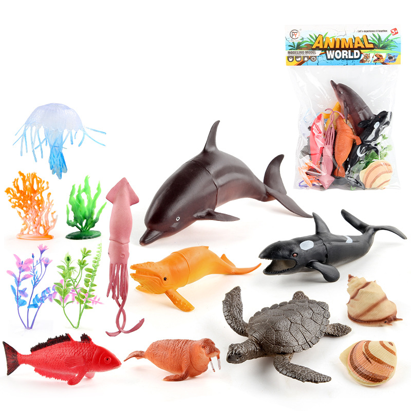 Simulación transfronteriza mini modelo de vida marina delfín tortuga ballena tiburón pulpo pingüino decoración estática traje de juguete