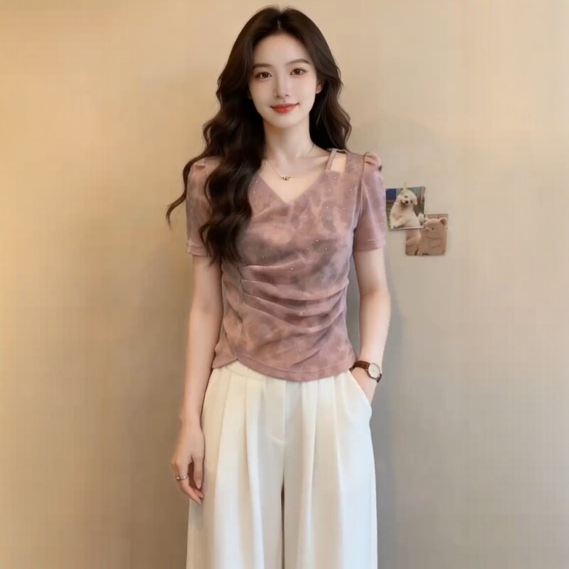 Áo thun cổ chữ V tay ngắn nữ thiết kế eo, che khuyết điểm — Màu hồng chi tiết 1