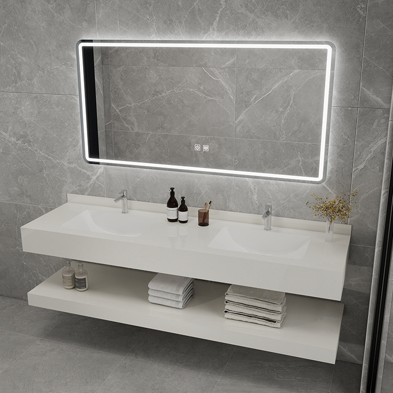 Upper and Lower Layers Bathroom Cabinet Combination Bathroom Sink Sink Seamless Double Layer Rock Plate Double Ceramic Washbasin