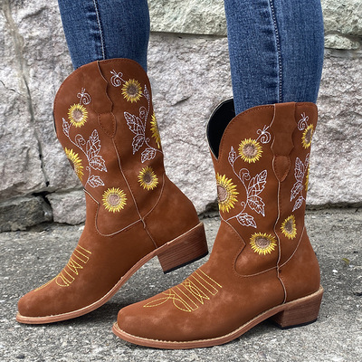 亚马逊向日葵大码外贸款欧美时尚马丁靴粗跟高跟圆头绣花女靴子