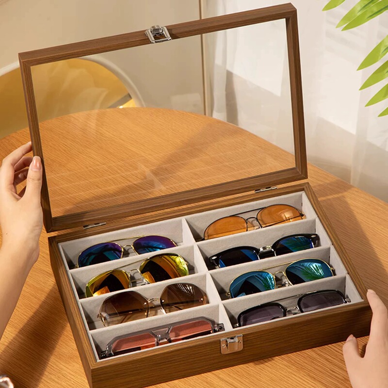 Glasses Storage Box, Multi-Grids High-End Placement Shelf, Large-Capacity Household Multi-Pair Solid Wood Display Rack for Sunglasses