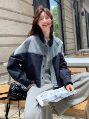 撞色立领牛仔拼接短外套女2025秋新款韩系宽松休闲复古工装风夹克