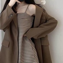 2025年早秋装新款女装西装套装别致设计感小众格子吊带连衣裙春秋