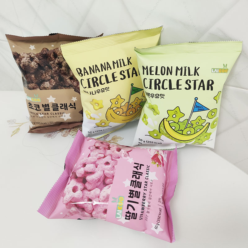 Imported snacks, leisure food, puffed Laikewo five-pointed star-shaped donut, strawberry flavor, 60g, leisure food, cantaloupe flavored