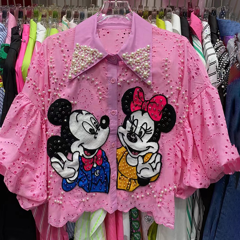 Beaded Splicing Shirt Women's European Station 2025 Summer New Loose Trumpet Sleeve Heavy Industry Cartoon Shirt Trendy Brand