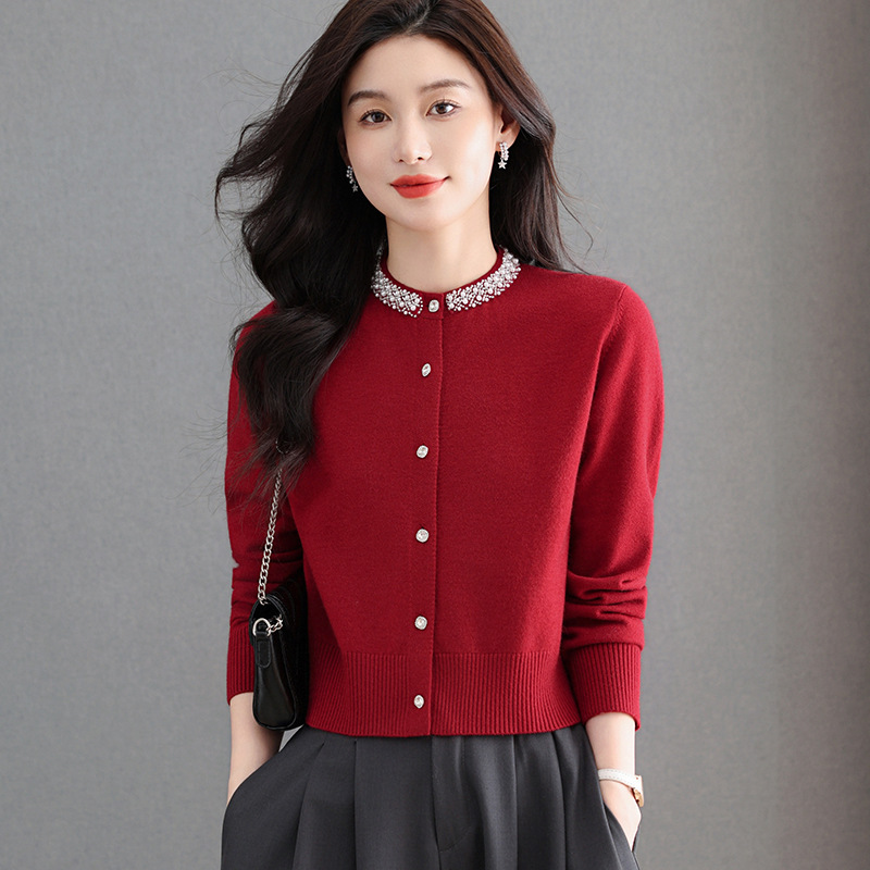 Light Luxury Fluffy Beaded Knitted Cardigan for Women 2025 Autumn and Winter New Round Neck Sweater Single-Breasted Small Fragrant Style Jacket for Women