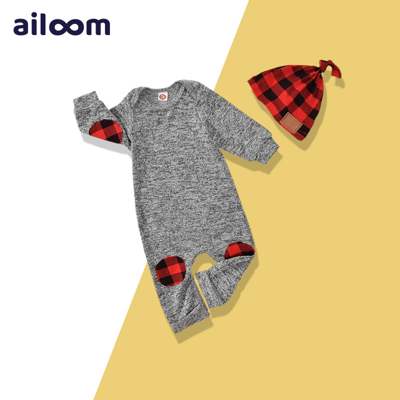 2021儿童ins连身衣套装拼接红黑格子1岁男孩圣诞节衣服一件代货|ms