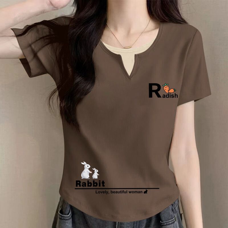 Fake Two-Piece Round Neck Short-Sleeve T-Shirt for Women, 2025 Summer New Style, Apricot Color, Pure Cotton, Women's Short-Sleeve T-Shirt, Regular Shoulder Top, Trendy Fake Two-Piece Round Neck Short-Sleeve T-Shirt for Women, 2025 Summer New Style, Apricot Color, Pure Cotton, Women's Short-Sleeve T-Shirt, Regular Shoulder Top, Trendy