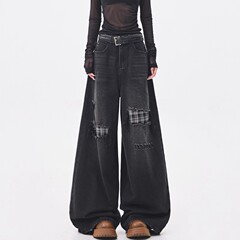 美式复古格纹拼接牛仔裤女2025年秋季新款直筒宽松时尚洋气阔腿裤