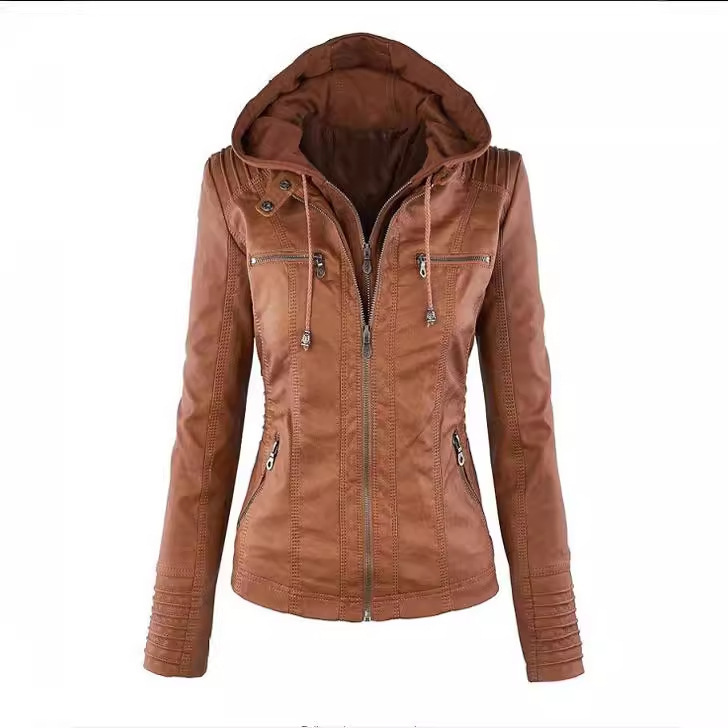New Cross-border European and American Fashion Detachable Lapel Long Sleeve Solid Color Zipper Women's Leather Jacket Coat Biker Clothes