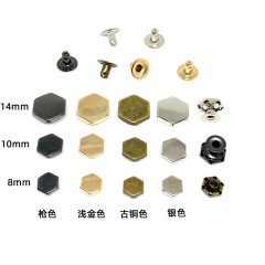 Wholesale hexagonal rivet metal accessories for garment boxes, including hexagonal rivets, trumpet feet, and hexagonal flat nails