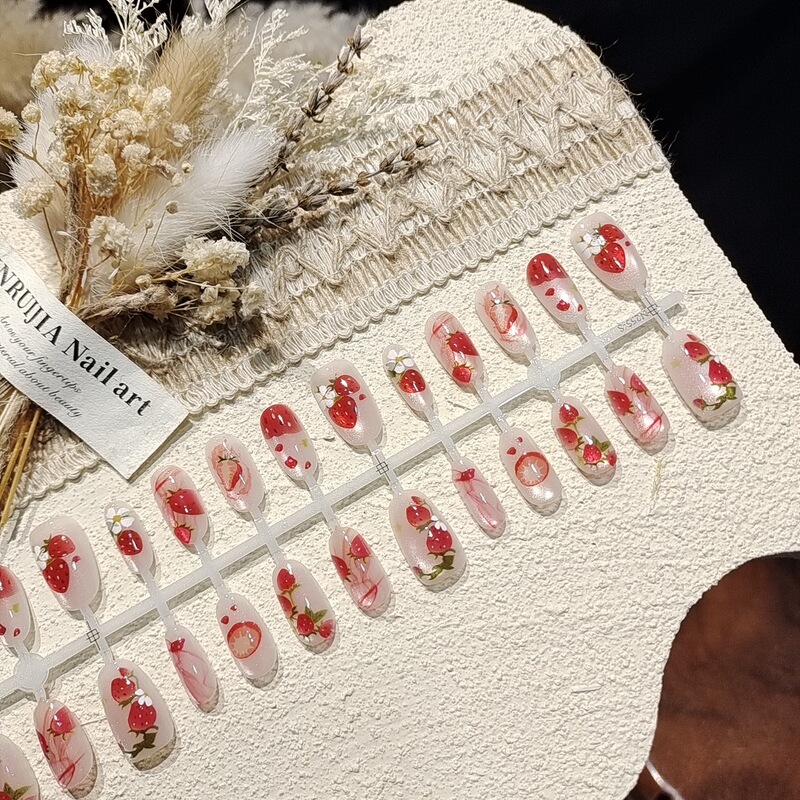 【Spring Berry Whisper】Medium Oval Press-On Nails Printed Style Fresh Fashionable Simple Strawberry Nail Art Factory-Pre-Made Nails 【Spring Berry Whisper】Medium Oval Press-On Nails Printed Style Fresh Fashionable Simple Strawberry Nail Art Factory-Pre-Made Nails