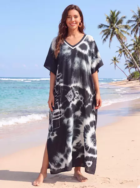 Rayon kaftan beach cover-up, bikini swimsuit outerwear, long split cover-up