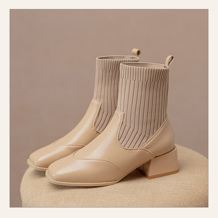 Women's Ankle Boots French Retro Square Toe Thick Heel Mid Calf_voghion.com