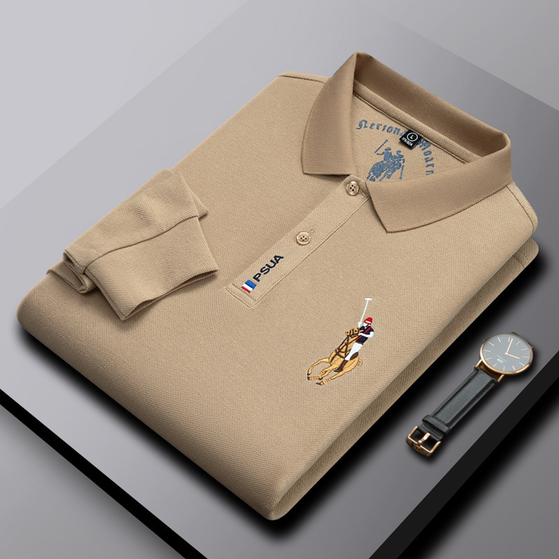 Paul Pure Cotton Long-Sleeve Polo Shirt for Men, Middle-Aged, High-End, Collared, Embroidered T-Shirt, Dad's Spring Trendy Shirt