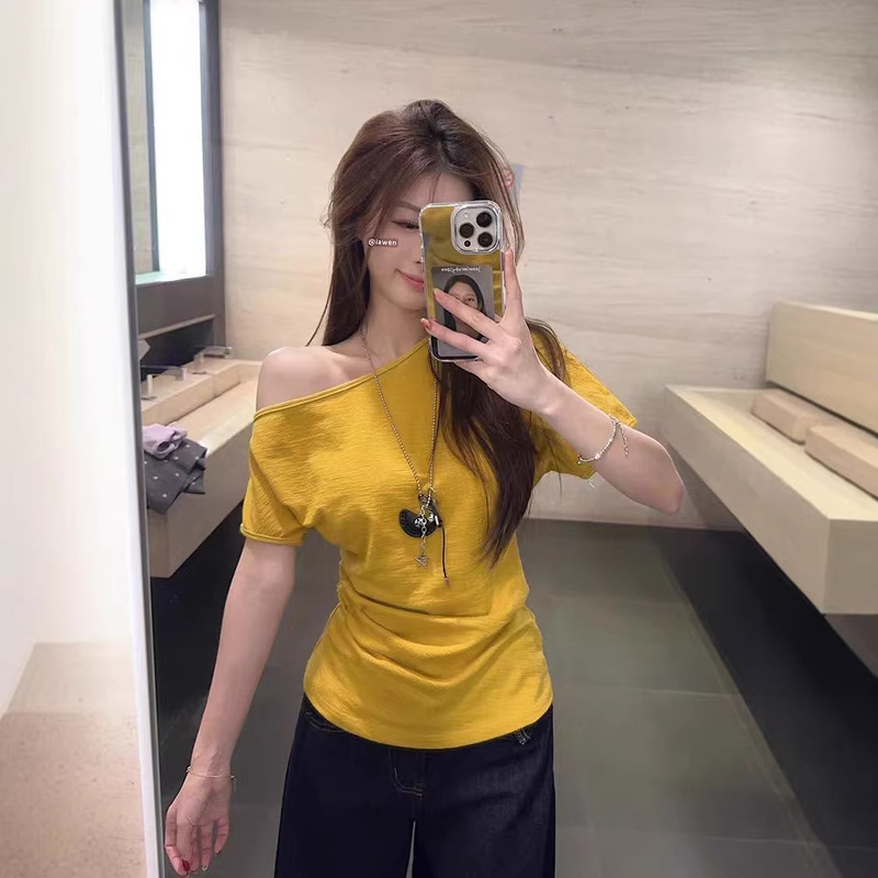 Temple Honey Yellow Wrinkled Cotton Asymmetrical Shoulder Short Sleeve T-Shirt for Women, New Slim Fit Short Style for Summer and Autumn, Slimming Hot Girl Tee Temple Honey Yellow Wrinkled Cotton Asymmetrical Shoulder Short Sleeve T-Shirt for Women, New Slim Fit Short Style for Summer and Autumn, Slimming Hot Girl Tee