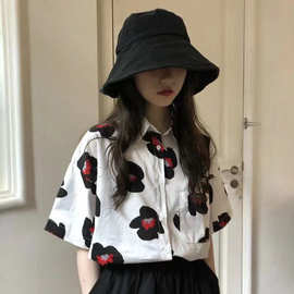 港风印花衬衫女春夏短袖复古港味宽松百搭2024新款设计感小众上衣