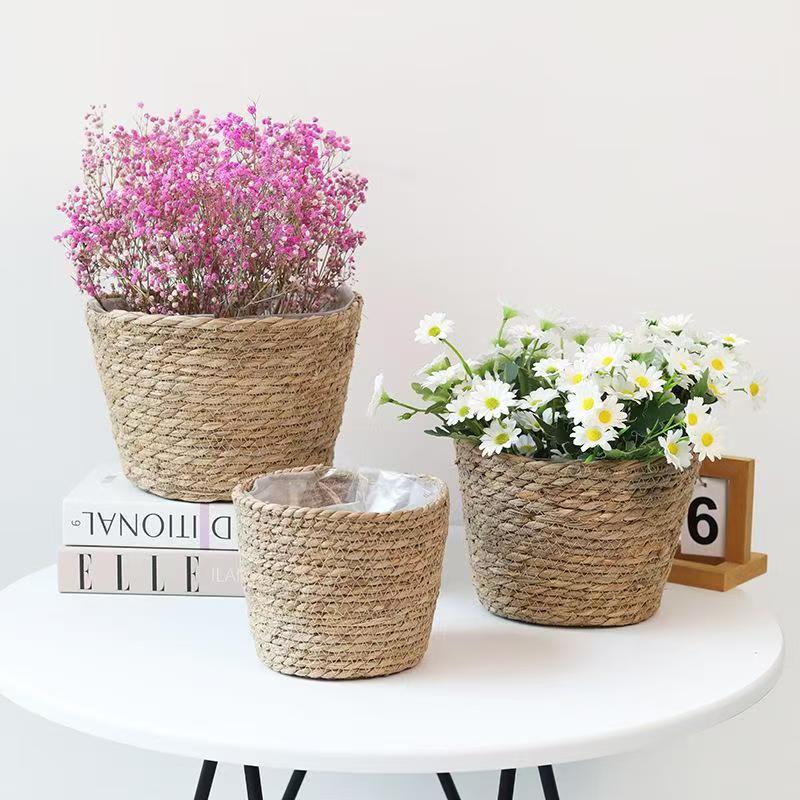 Fabricantes transfronterizos al por mayor de tela de caña tejida canasta de flores maceta de gran boca decoración doméstica maceta de plantas suculentas interiores