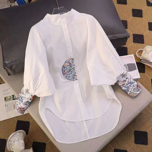 China style retro shirt and top for women 2025 autumn new style Chinese stand-up collar loose slimming medium and long shirt trend