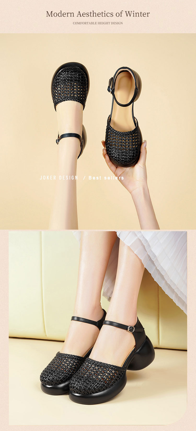 Sandal quai ngang cao gót nữ mũi bao dệt da thật, gót thô đế dày — Màu đen chi tiết 19