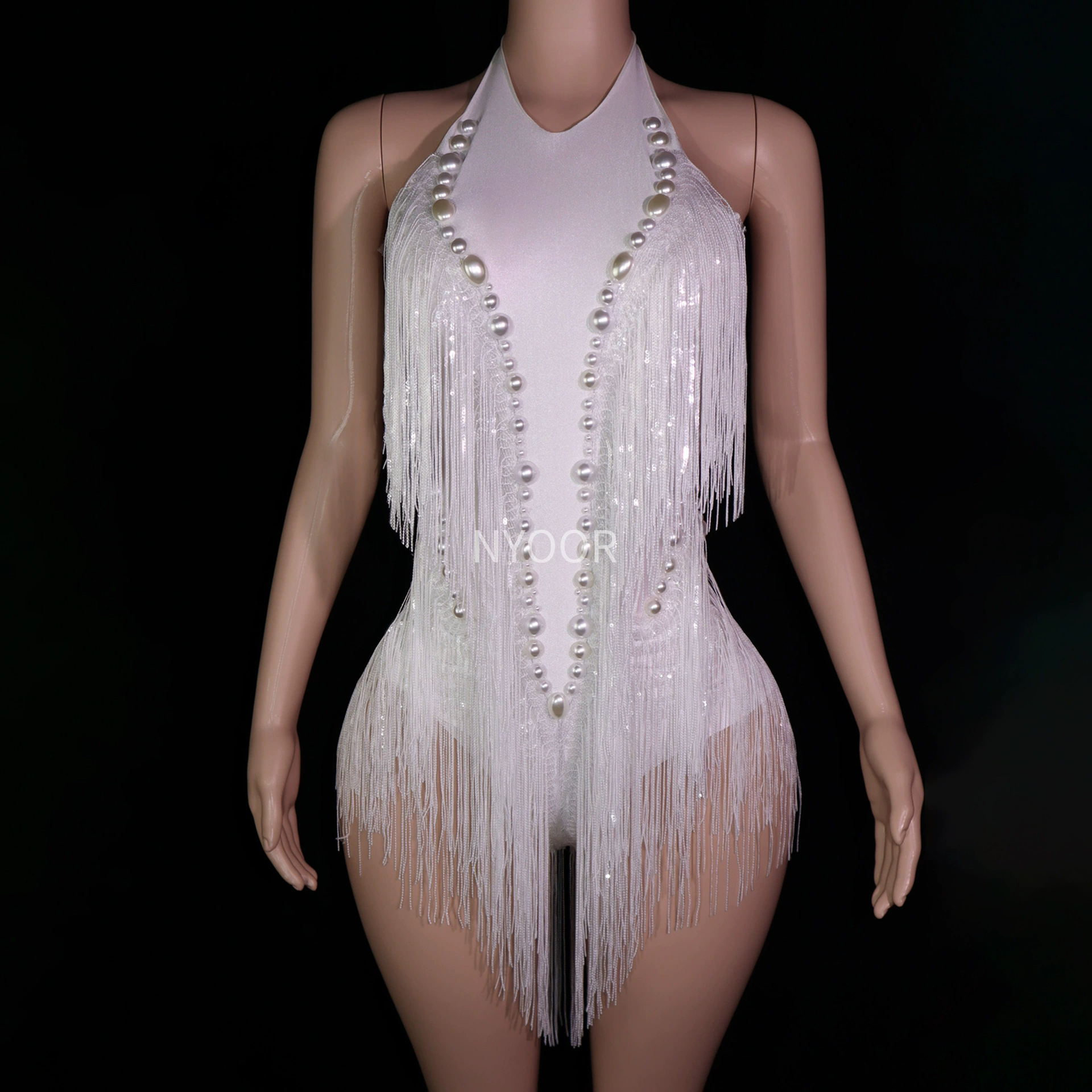 Певица танец сексуальный Блестящий горный хрусталь эластичный тонкий белый комбинезон с кисточками, сценический костюм, женский трансграничный