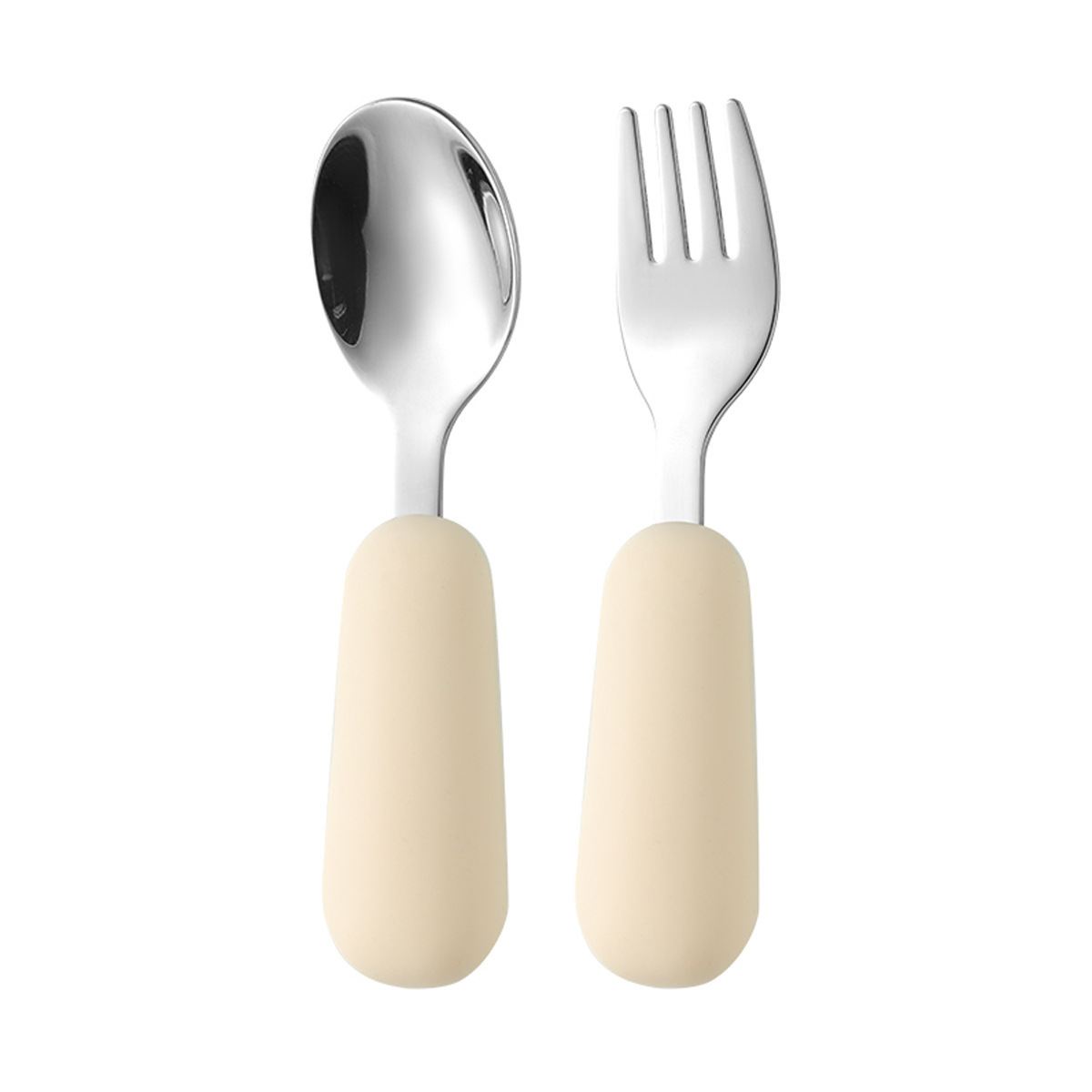 공장 직접 판매 아기 먹는 훈련 실리콘 스테인레스 스틸 포크와 스푼 아기 짧은 손잡이 어린이 식기 휴대용 스푼과 포크