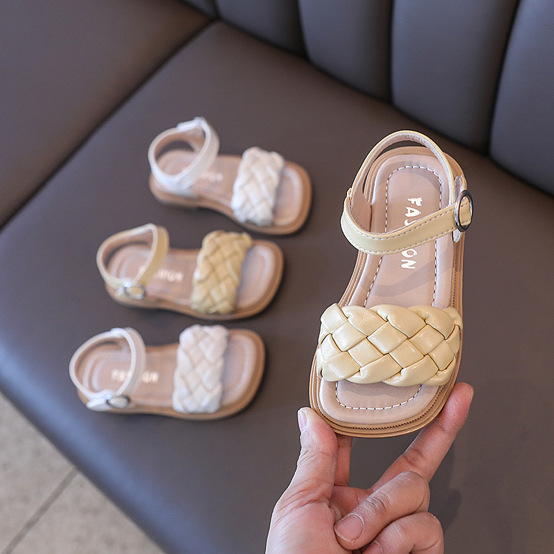 2023 Summer New Sandals Girls Fashion Beach Shoes Solid Color Woven Shoes Breathable Baby Shoes Summer Children's Shoes