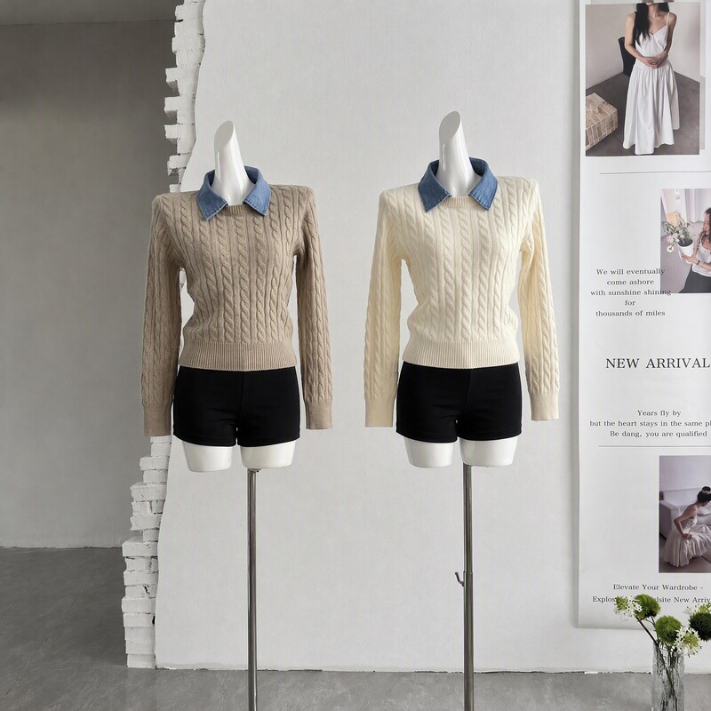 JMSHOP Miu-style Preppy Detachable Collar Fake Two-Piece Cable Knit Pullover Sweater Autumn Lazy Sweater