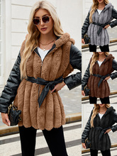 F0755程娟外贸新品女士仿皮草外套上衣连帽收腰欧美毛毛短款外套