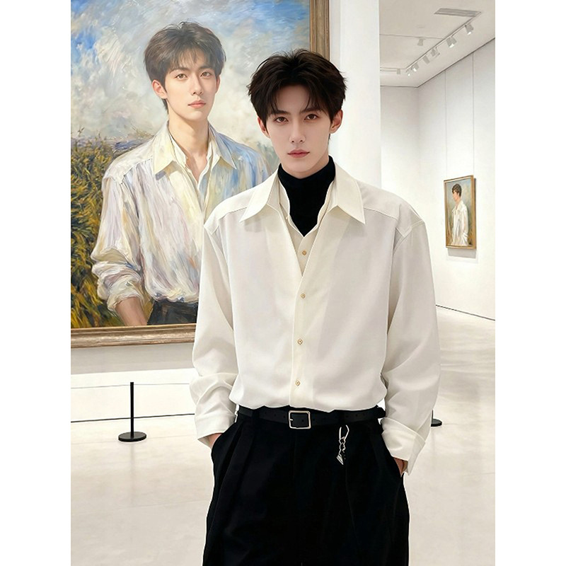 White Faux Two-Piece Shirt for Men, Spring Season, High-End Style, Cool and Stylish Long-Sleeve Shirt, Suitable for Layering under a Suit, with a Turn-Down Collar White Faux Two-Piece Shirt for Men, Spring Season, High-End Style, Cool and Stylish Long-Sleeve Shirt, Suitable for Layering under a Suit, with a Turn-Down Collar