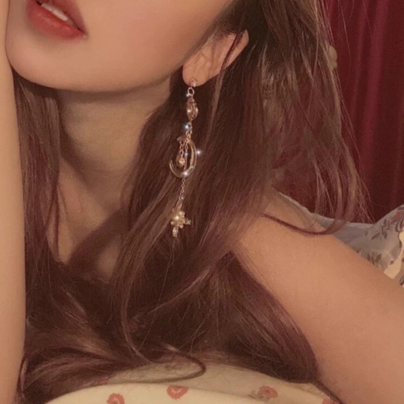复古宫廷风长款流苏不对称星月耳环女轻奢小众高级感耳钉耳饰批发|undefined