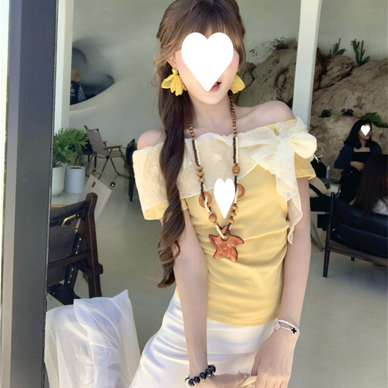 [40 Count 1*1 Pure Cotton] Summer New Style Lace Splicing One-Shoulder Slim-Fit Design Hot Girl Short-Sleeved T-Shirt