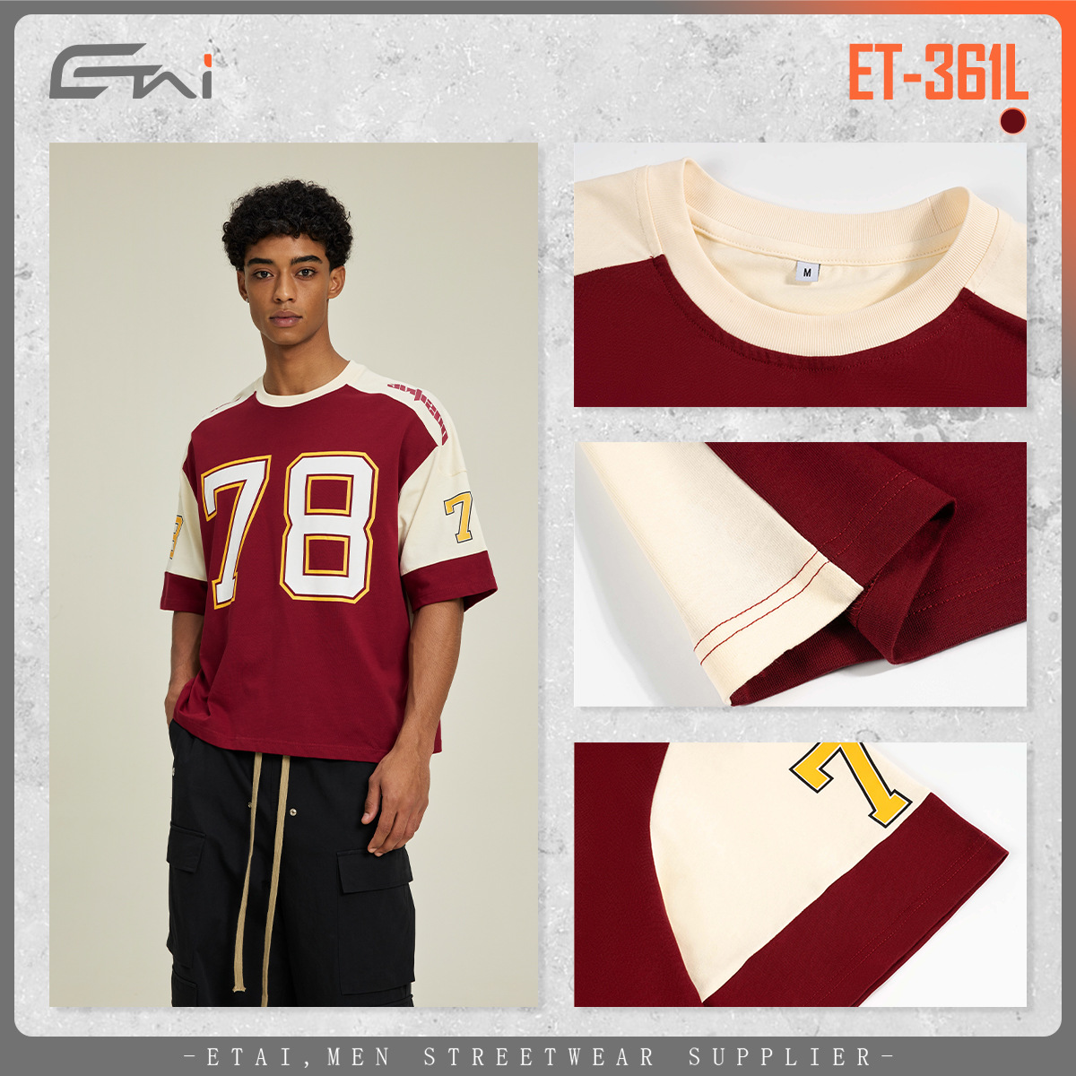 Ropa de hombre ETAI | Ropa de hockey de color de contraste de algodón pesado, camiseta corta y ancha, costura, estilo deportivo, marca de moda para hombres, manga corta boxy image 3