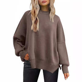亚马逊跨境2023新款冬宽松大码针织毛衣女欧美女装蝙蝠袖外穿上衣