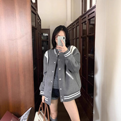 设计感拼接棒球服外套女春季2025新款美式宽松灰色减龄学院风上衣
