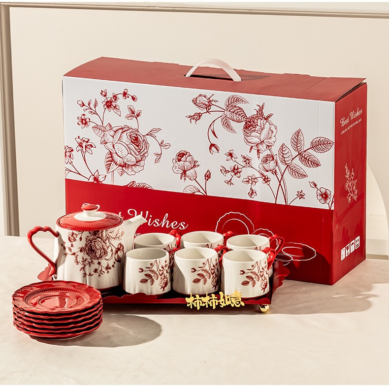 落日玫瑰大容量水壺高顏值泡茶壺伴手禮家用高級感陶瓷茶壺套裝