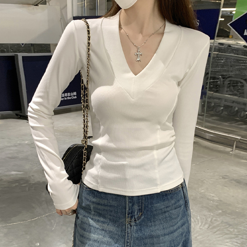 韩版心机V领鱼骨线修身长袖打底衫女秋纯欲正肩纯色短款t恤上衣新|undefined