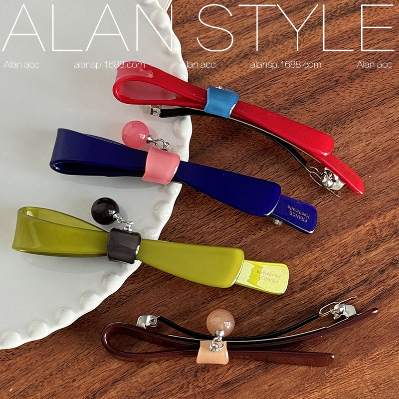 Korean New Sweet and Fashionable Bowknot Color-Blocking Small Ball Pendant Side Clip Candy-Colored Versatile Spring Clip Hair Accessory