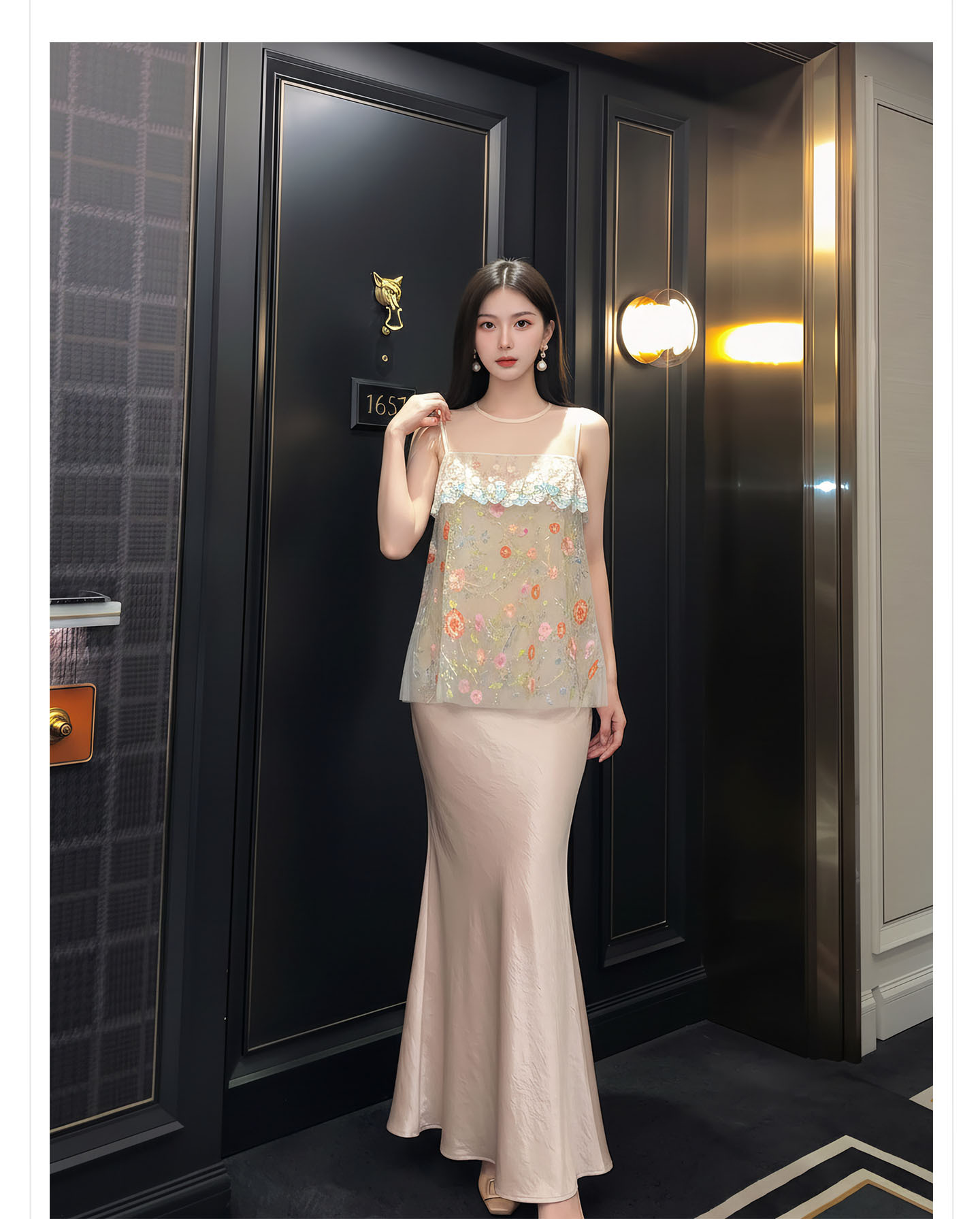 Bộ váy áo vest không tay phong cách Trung Hoa thêu ren họa tiết nặng, chất liệu thoáng khí, gồm áo vest và chân váy nửa kèm theo — bộ đồ, Champagne màu nửa váy, Áo khoác màu mơ chi tiết 8