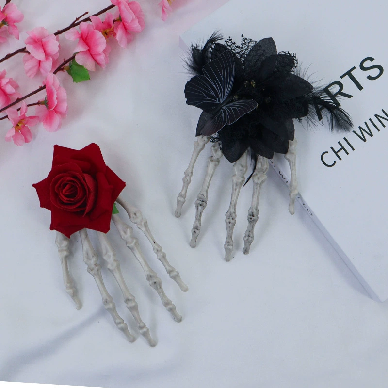 Готический темный наряд Лолиты, реквизит, аксессуары для волос на Хэллоуин, заколка для волос с черепом и розой, искусственная заколка для волос с призрачной рукой