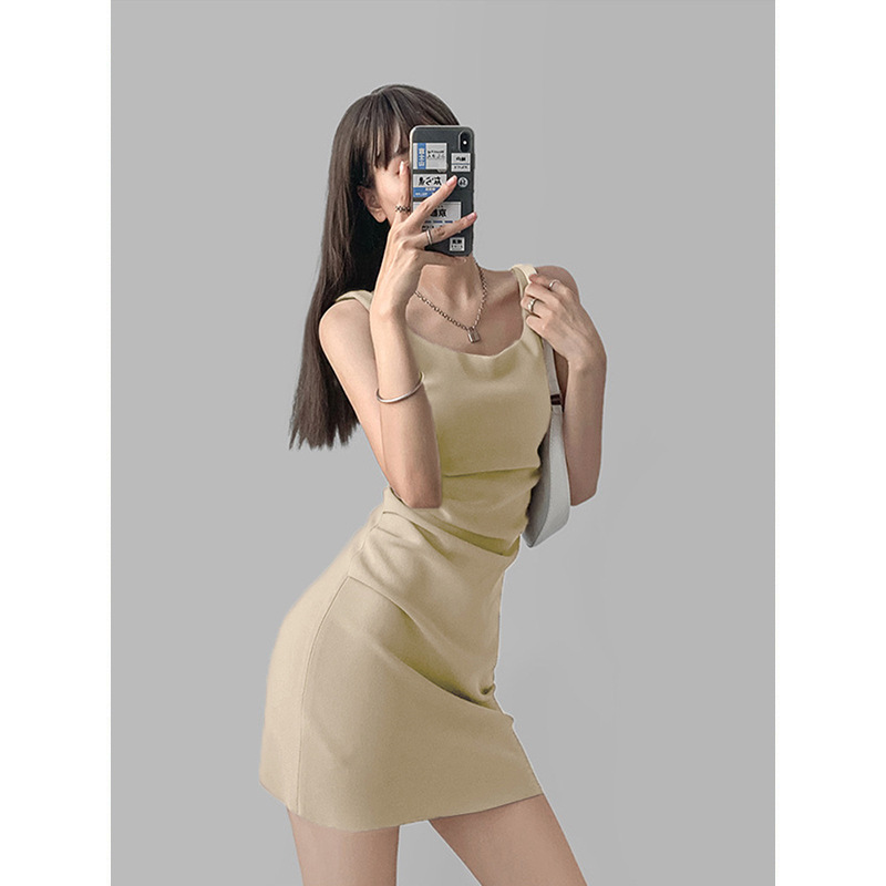 阿诗蜜夏季新款辣妹吊带纯棉连衣裙不规则褶皱方领包臀裙女