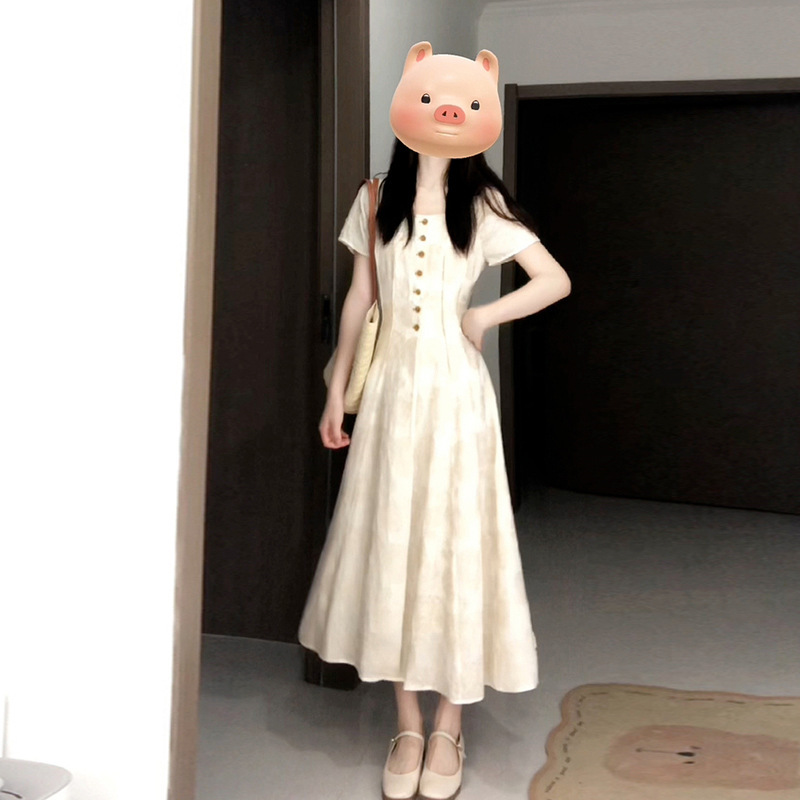 2025 新しいスタイルの小さなフレンチレトロスクエアカラードレス夏の女性の気質ハイエンドウエストロングスカート|undefined