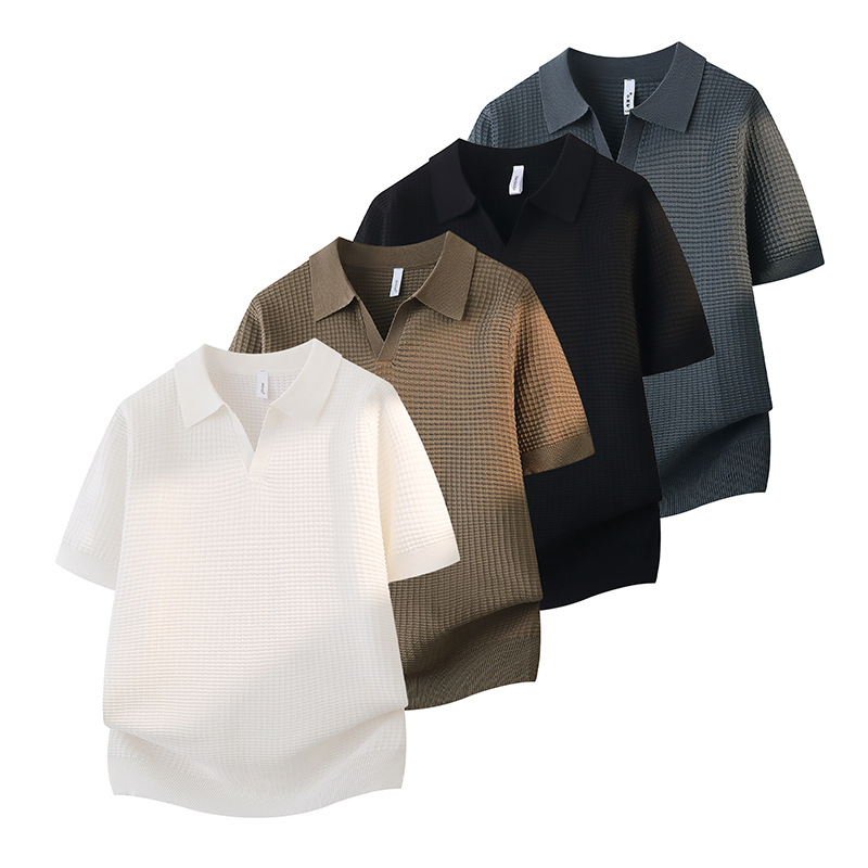 Polo camiseta de punto camiseta de manga corta hombre cuello V gaviota cuello viejo dinero waffle hielo camiseta de verano fábrica transfronteriza al por mayor
