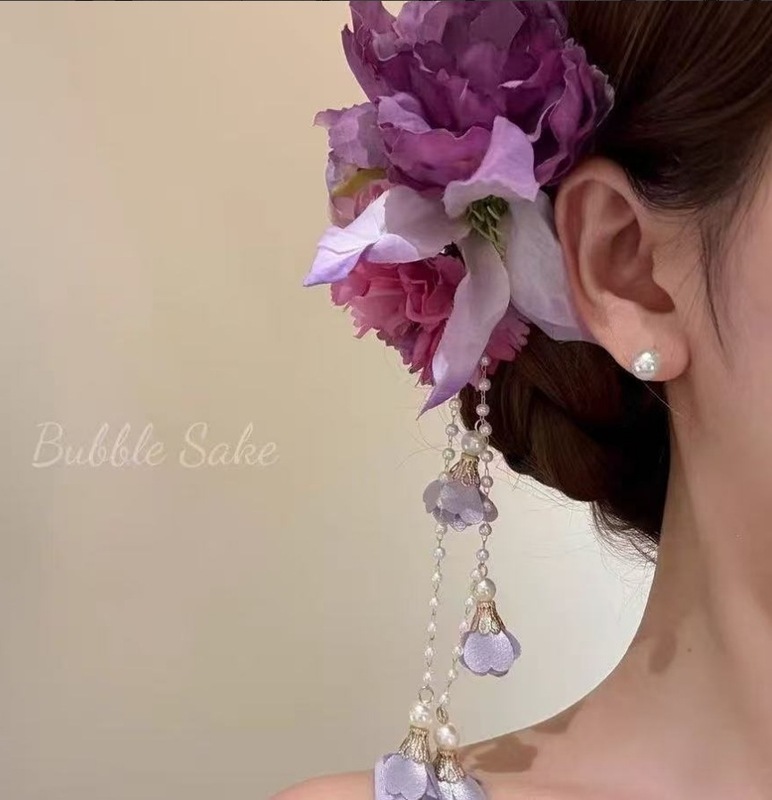 新しい中国風の森のスズランの花のタッセルヘアピンブライダルパープルヘアアクセサリーサイドクリップインターネット有名人の写真誇張アクセサリー|undefined