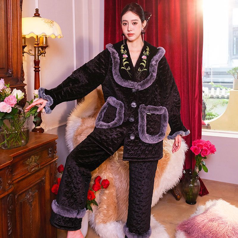 Luxurious Imitation Rabbit Fur Embroidered Three-Layer Thickened Quilted Pajamas Two-Piece Set with Elastic Petal Sleeves Home Wear Set