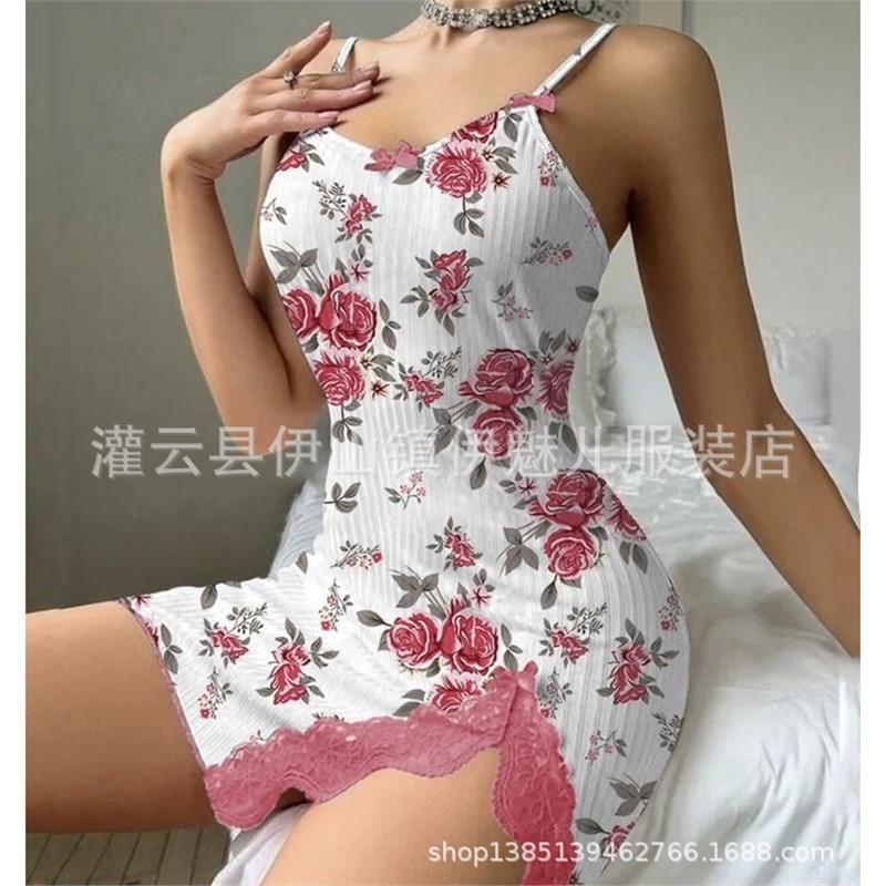 亚马逊新品心形印花撞色居家服开叉蕾丝花边蝴蝶结吊带裙5046|undefined