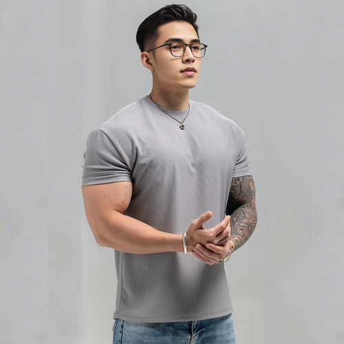Summer New Plus Size T-shirt with Heavyweight High-End Texture, Ribbed Cuff for a Larger Look, Wrinkle-Resistant and Quick-Drying Fitness and Sports T-shirt