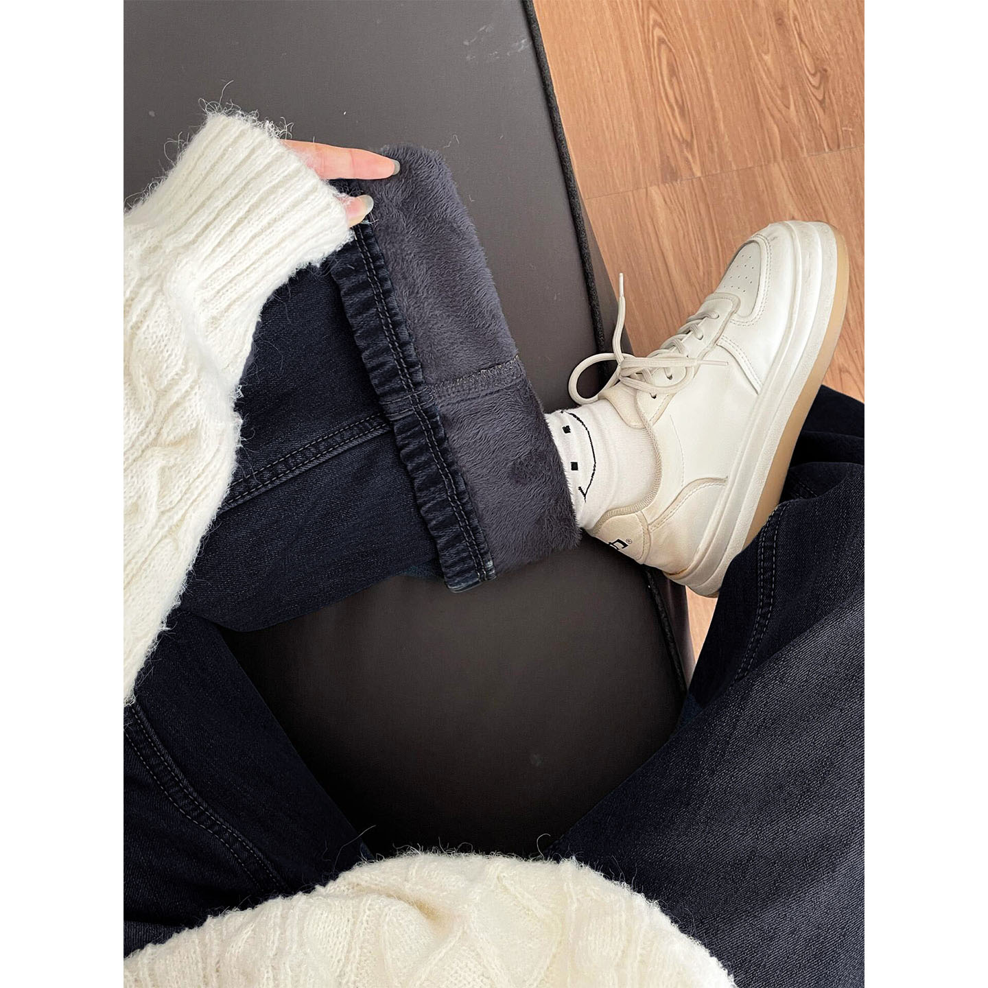 Denim azul de lana de invierno de mujer nuevo peso mm figura de pera de cintura alta delgada pantalones de piernas anchas