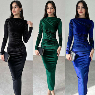 Amazon Women's 2024 Autumn and Winter New Fashion Solid Color Slim Fold Crewneck Long Sleeve dress Dress for Foreign Trade