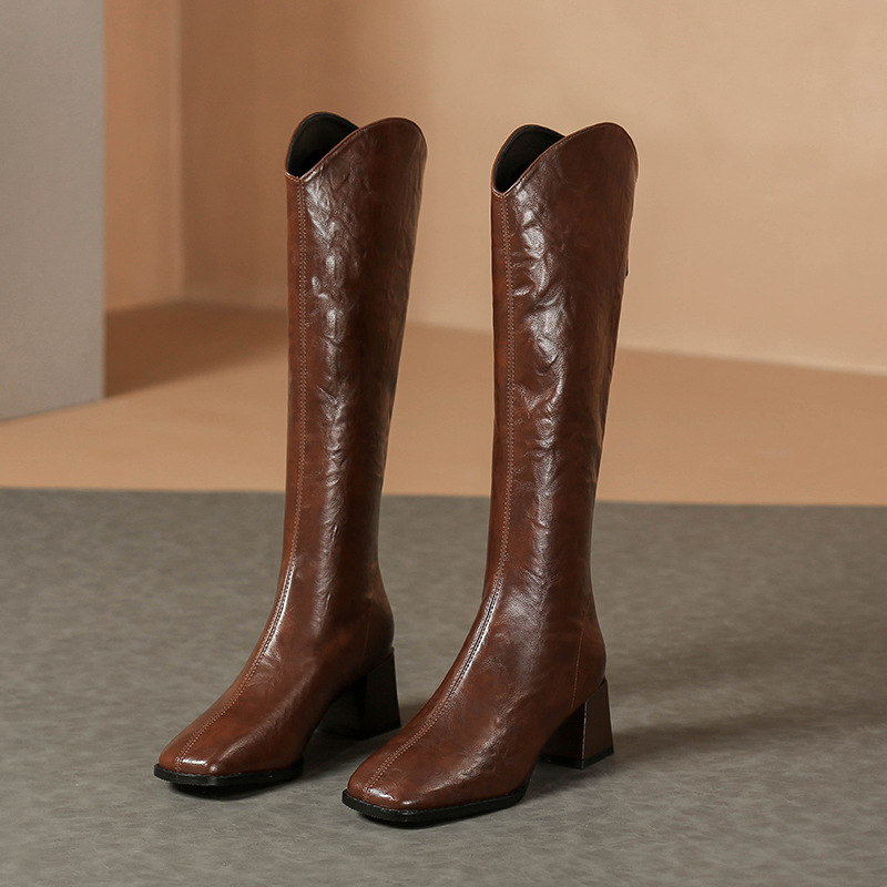 9921 New Fashion Square-Toe Long Boots for Women 2023 Hot Style Retro Brown Shiny Soft Leather Chunky Heel High-Heeled Women's Boots
